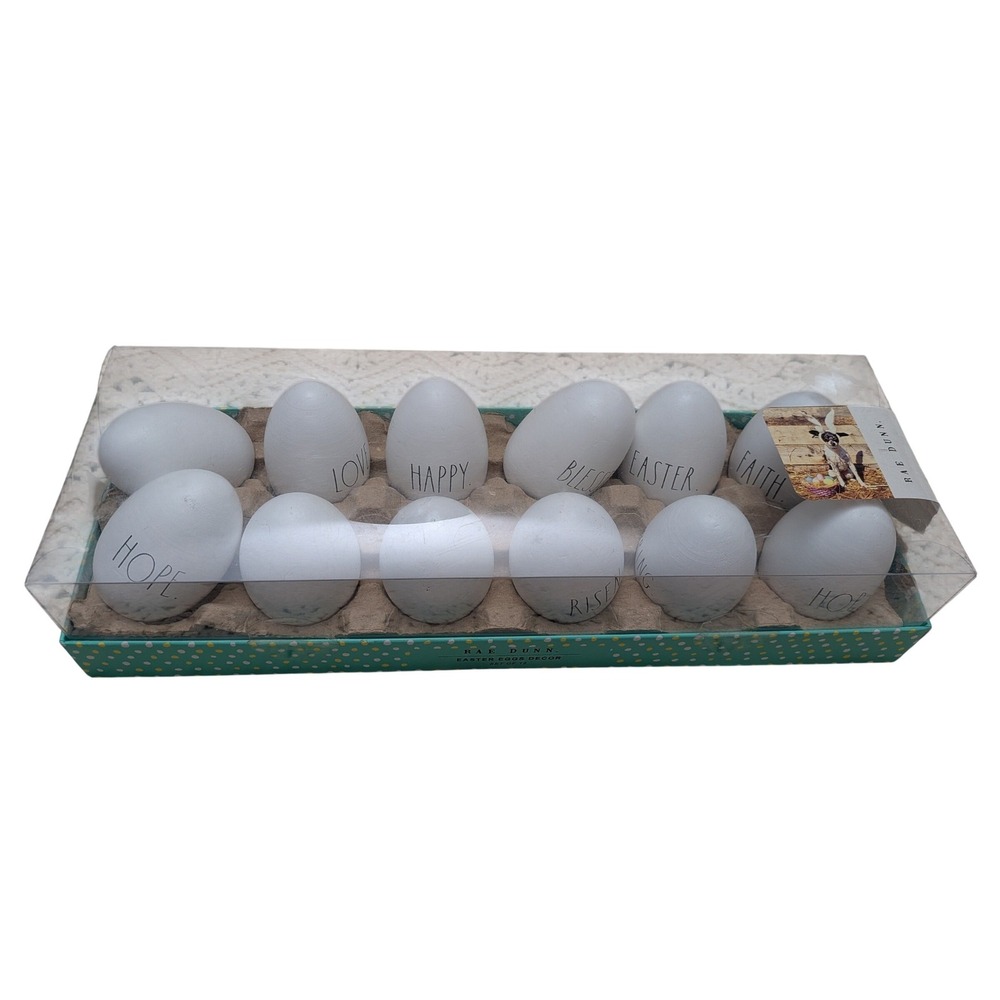 Rae Dunn Wood Easter Egg Decor Set of 12 White Farmhouse Spring Words New In Box